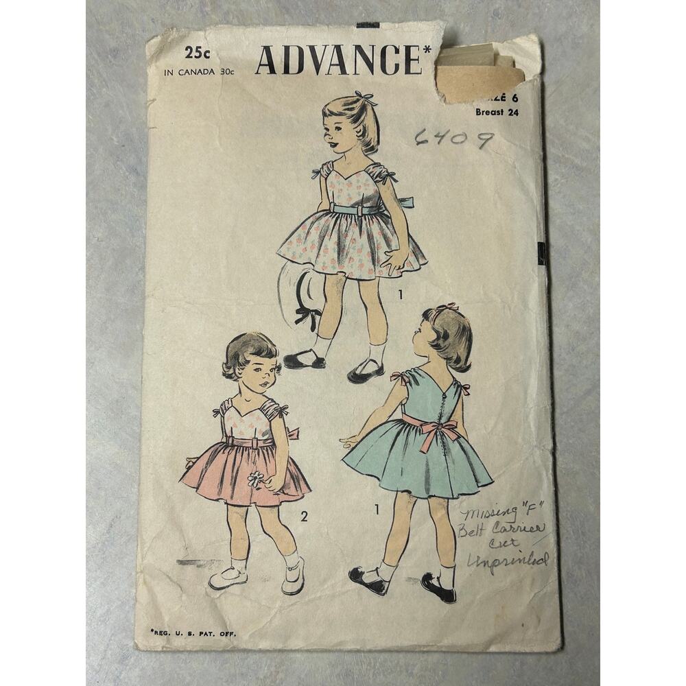 Vintage 1950's Advance Pattern #6409 Girls Full Skirted Dress Size‎ 6 HTF